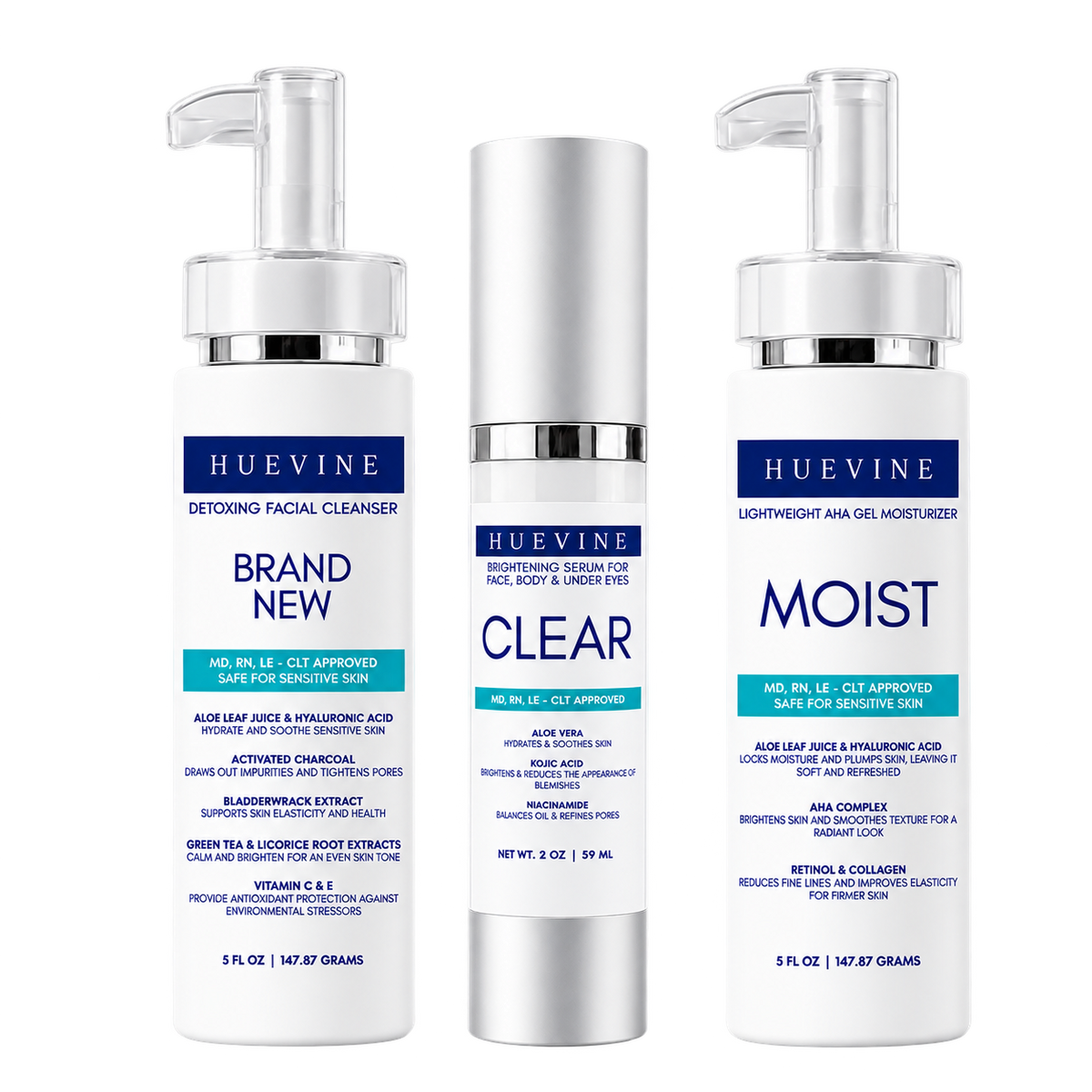 HueVine Clear Skin Essentials 3-step bundle with Brand New Cleanser, Clear and Moist