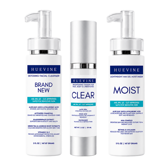HueVine Clear Skin Essentials 3-step bundle with Brand New Cleanser, Clear and Moist