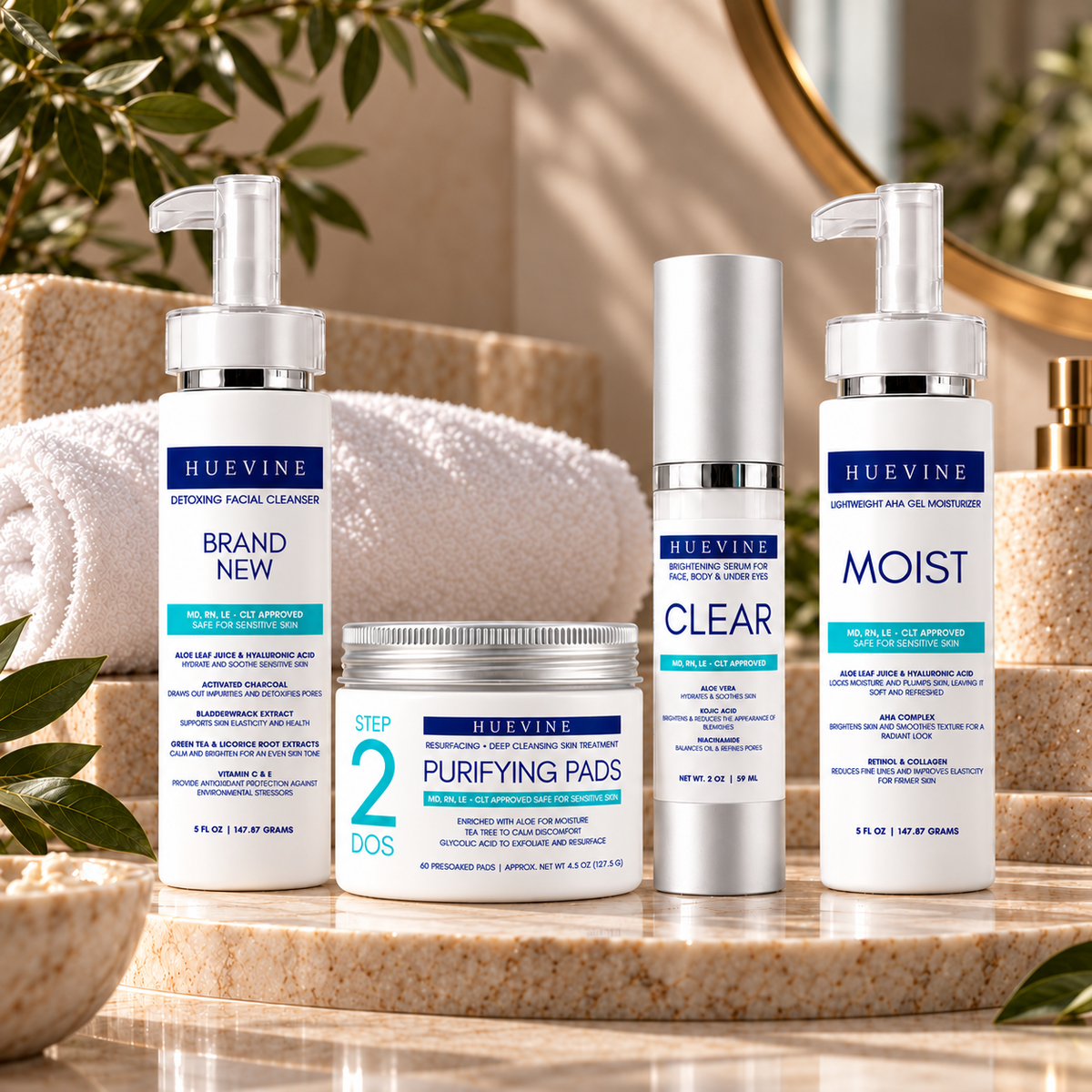 HueVine Complete Clear Skin Routine 4-step acne and dark spot set lifestyle photograph