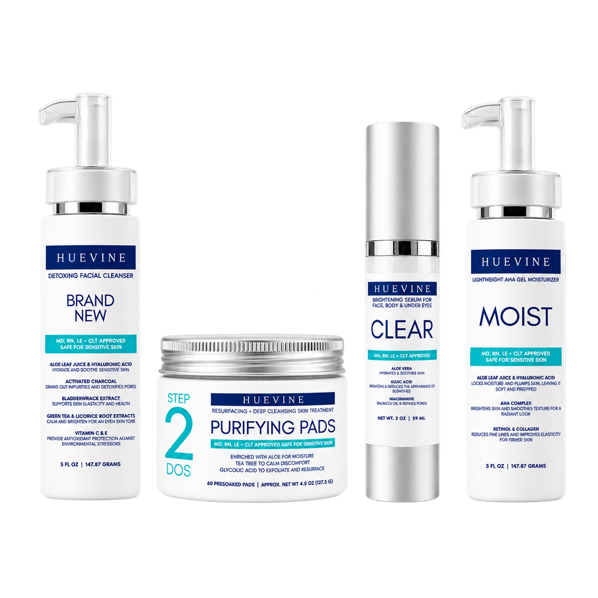HueVine Complete Clear Skin Routine 4-step set with Brand New Cleanser, Purifying Pads, Clear and Moist
