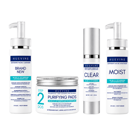HueVine Complete Clear Skin Routine 4-step set with Brand New Cleanser, Purifying Pads, Clear and Moist