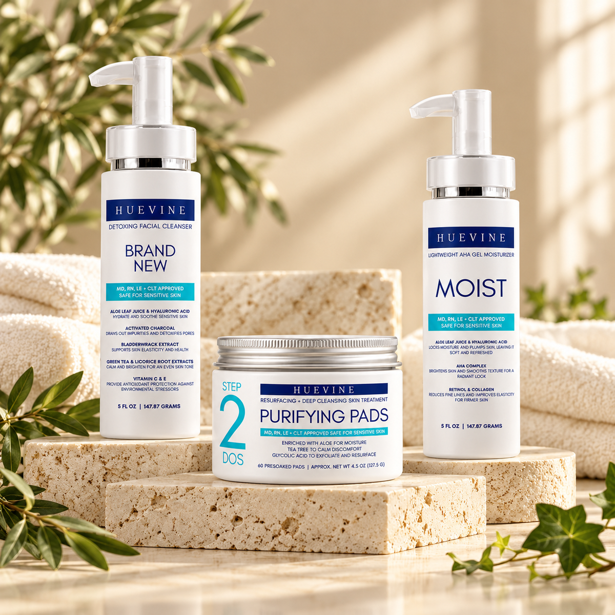 HueVine Daily Clear Skin Routine 3-step acne-prone skin care set lifestyle photograph
