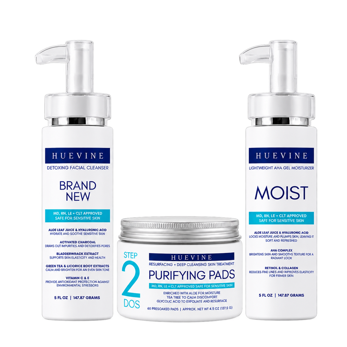 HueVine Daily Clear Skin Routine 3-step set with Brand New Cleanser, Purifying Pads and Moist