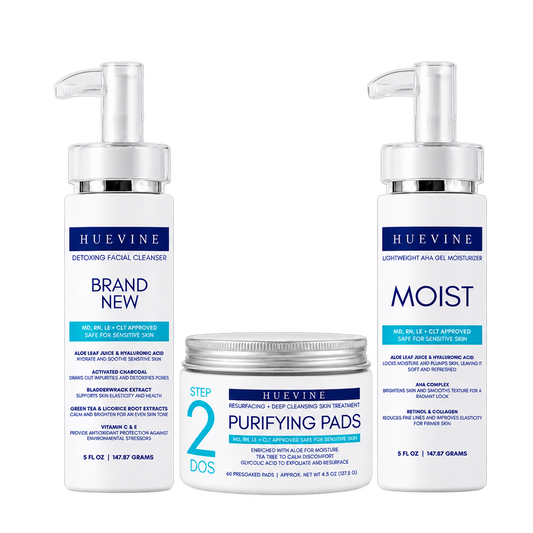 HueVine Daily Clear Skin Routine 3-step set with Brand New Cleanser, Purifying Pads and Moist
