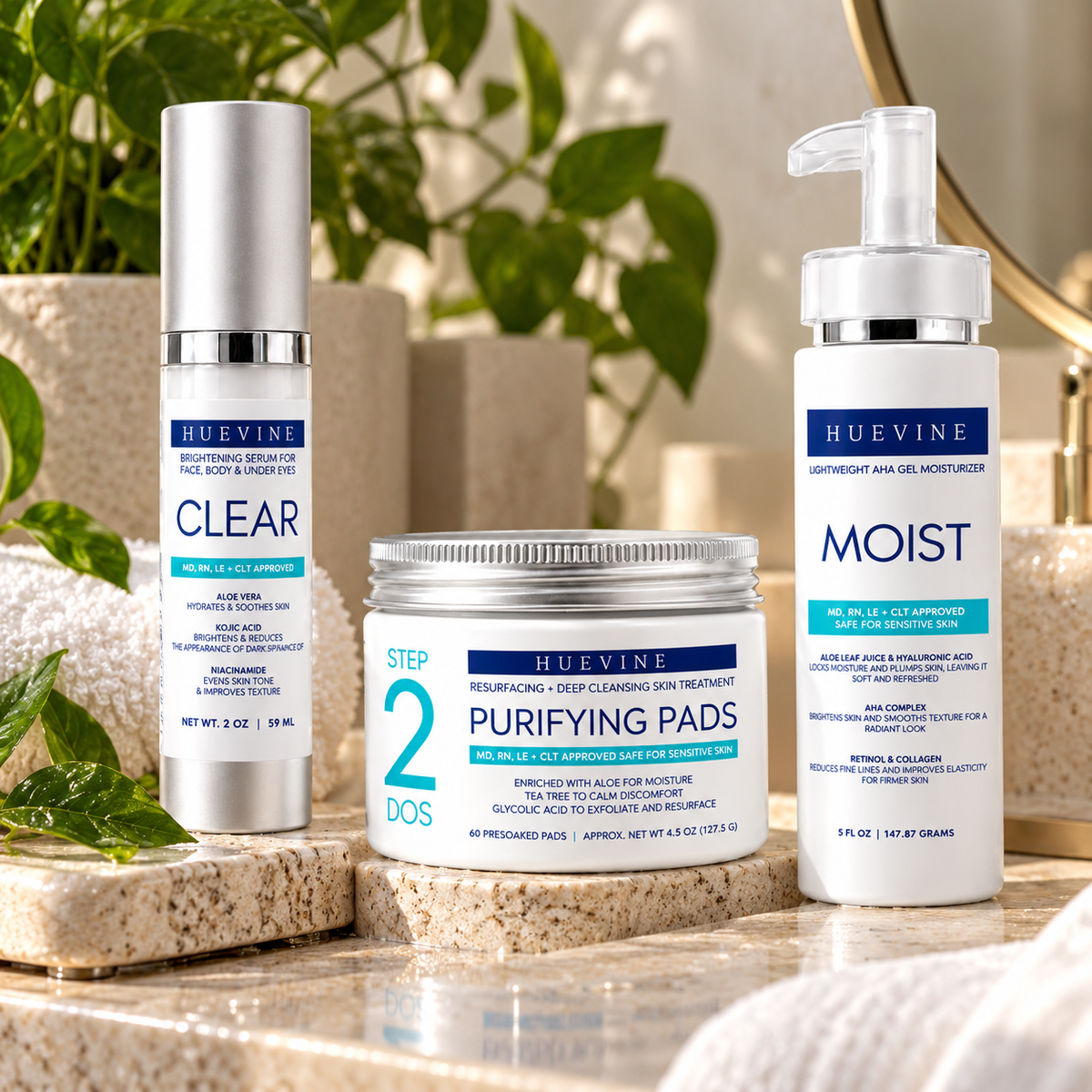 HueVine Dark Spot and Hyperpigmentation brightening skin care set lifestyle photograph