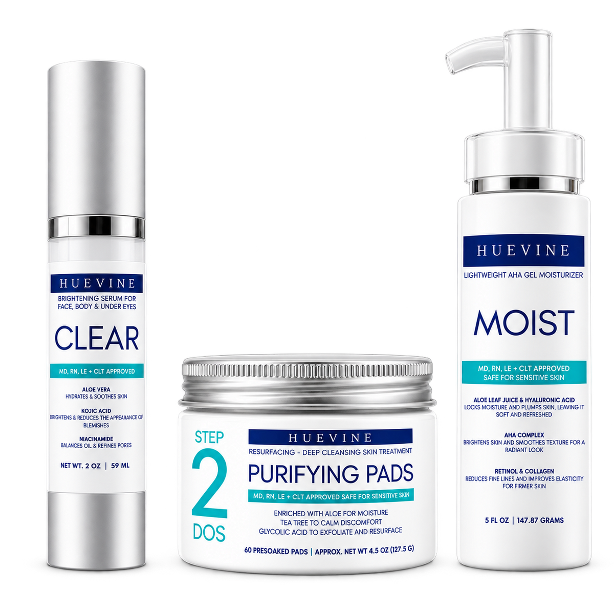 HueVine Dark Spot and Hyperpigmentation 3-step brightening set with Clear, Purifying Pads and Moist