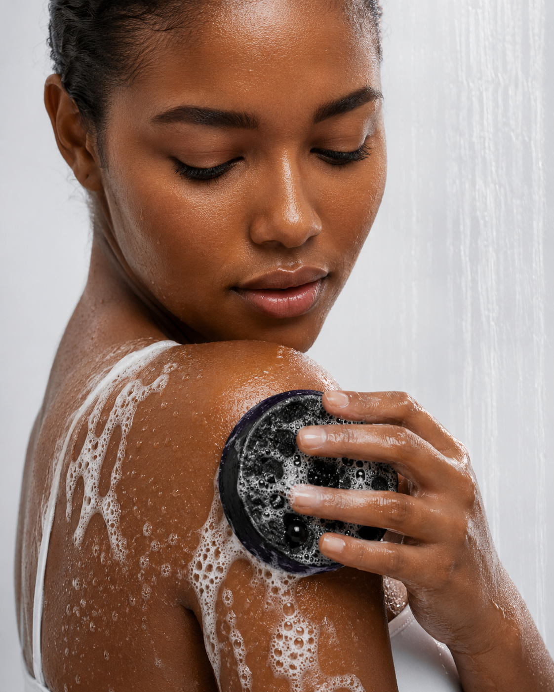 Person using the HueVine The Ingrown Hair Annihilator exfoliating bar on the shoulder during a shower skincare routine.