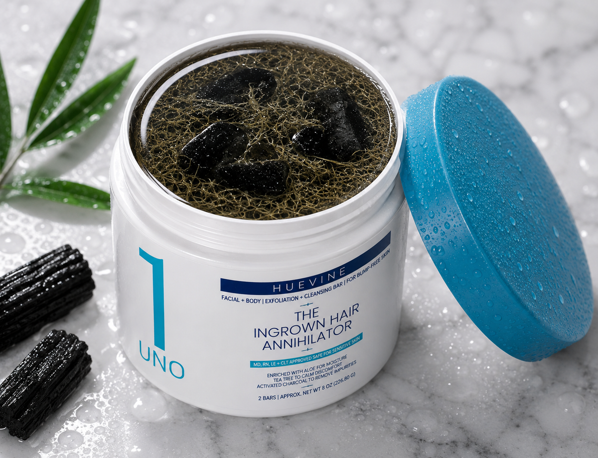 Open container of HueVine The Ingrown Hair Annihilator showing charcoal exfoliating bars inside a moisture-resistant storage jar.