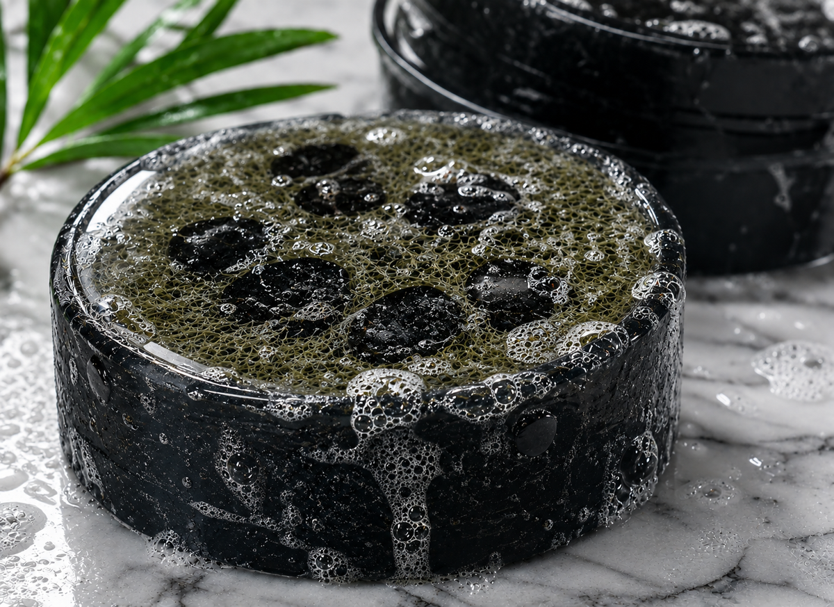 Close-up of the HueVine The Ingrown Hair Annihilator charcoal exfoliating bar with textured cleansing surface and rich lather.