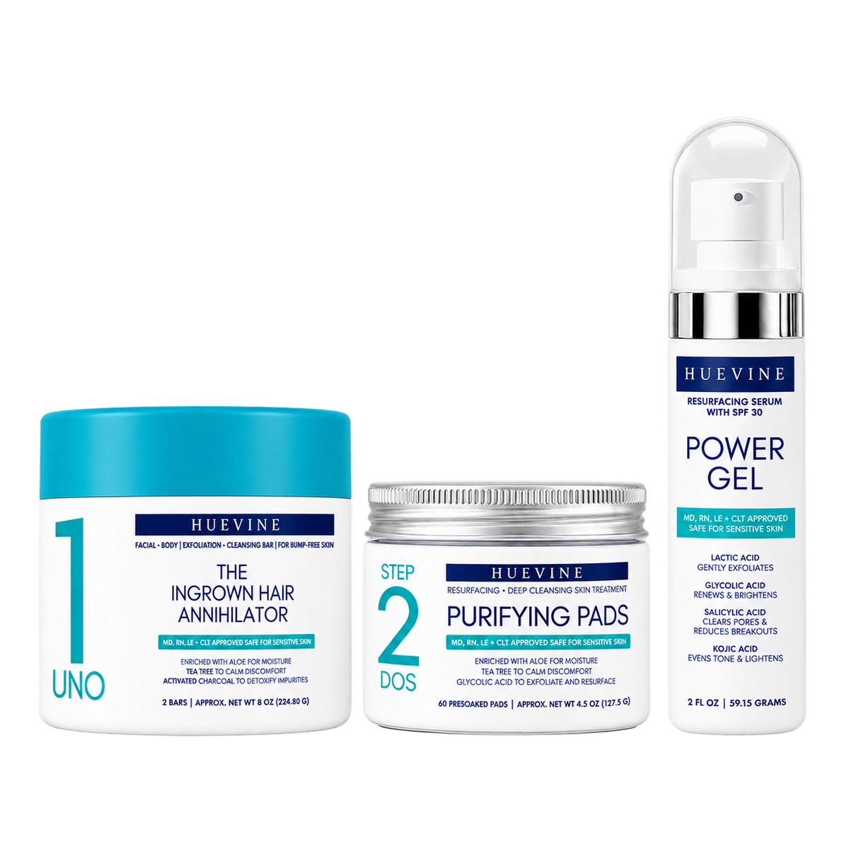 HueVine 3-step Ingrown Hair Treatment Kit with Ingrown Hair Annihilator, Purifying Pads and Power Gel
