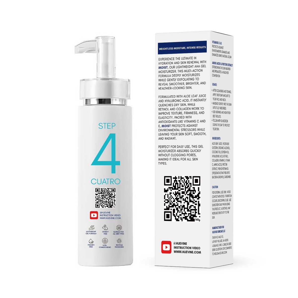 Back view of HueVine MOIST lightweight AHA gel moisturizer and retail packaging showing product information and usage details.