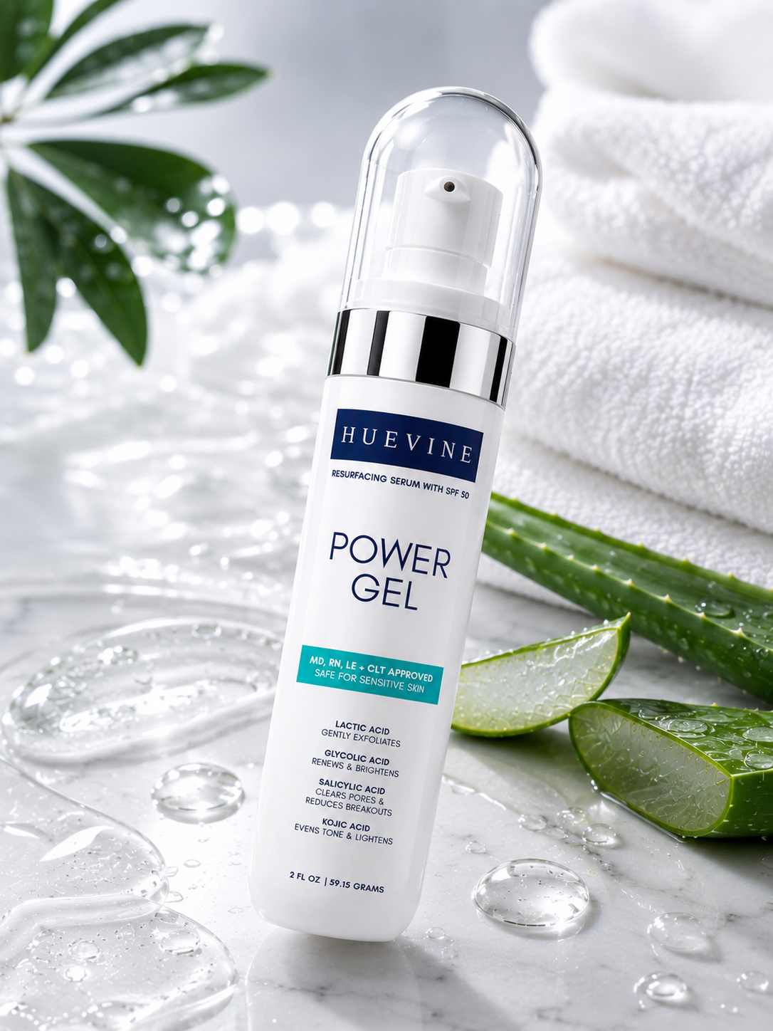 HueVine Power Gel resurfacing serum featured in a luxury spa-inspired skincare environment with aloe vera and hydration-focused styling.
