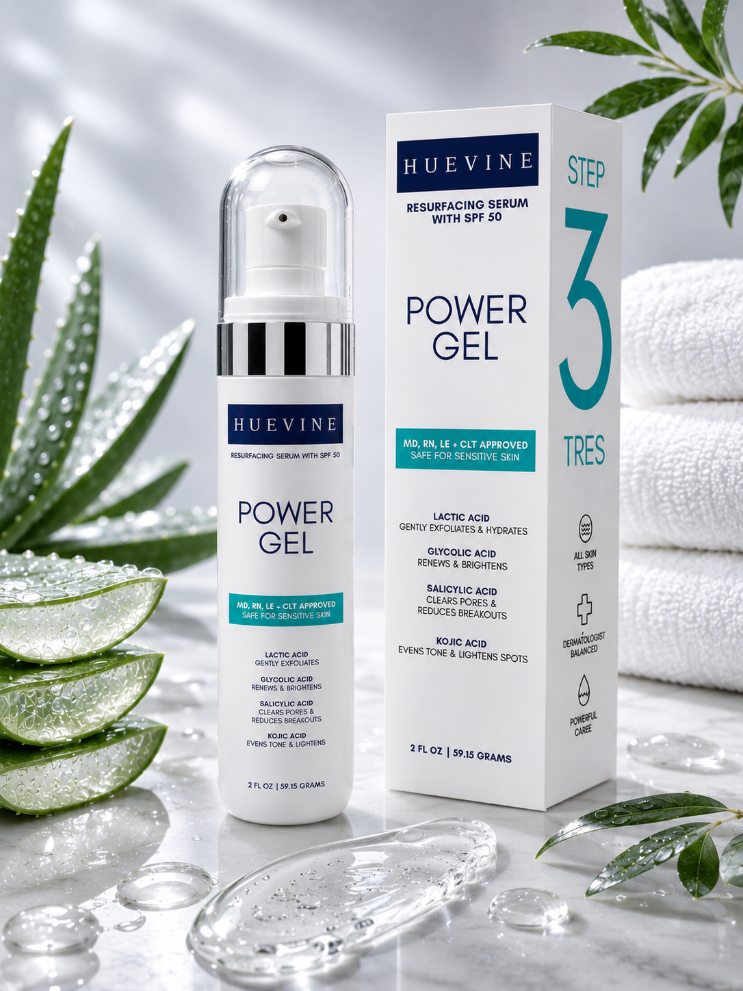 HueVine Power Gel resurfacing serum displayed alongside retail packaging in a luxury skincare setting with aloe vera and hydration-inspired elements.