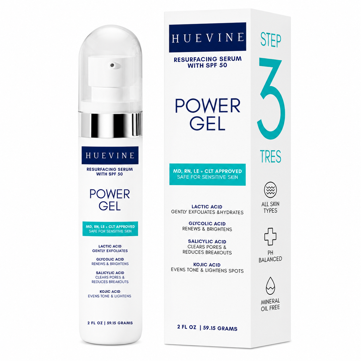 HueVine Power Gel resurfacing serum and retail packaging isolated on a clean white background.