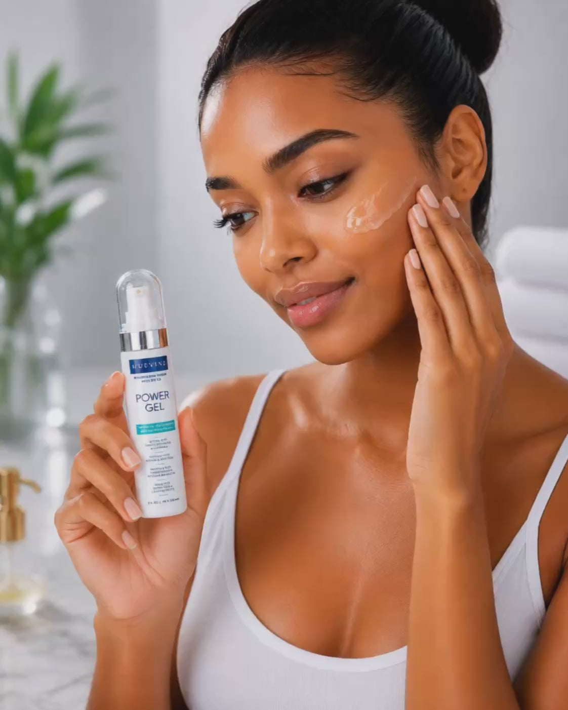 Person demonstrating application of HueVine Power Gel resurfacing serum with SPF 50 during a facial skincare routine.